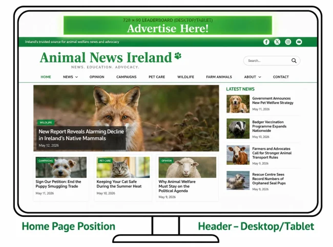 Advertising on Animal News Ireland. Banner Ads Space Ireland.