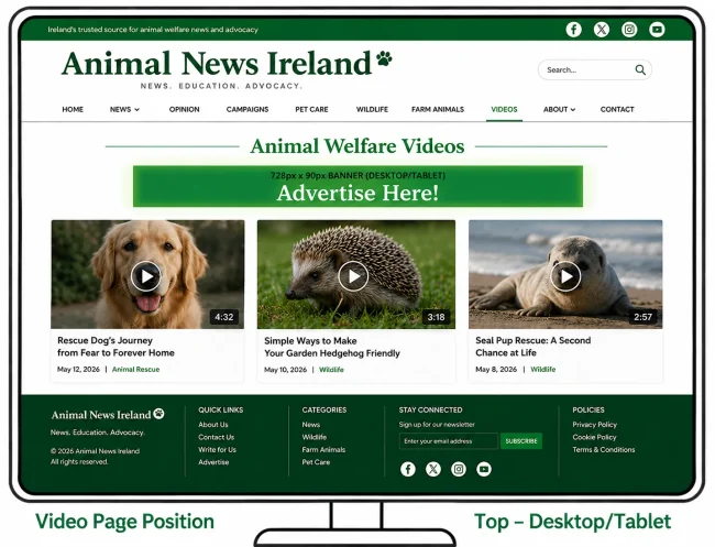 Banner Advertising on Animal News Ireland. Animal Welfare Videos. Banner Advertising Ireland.
